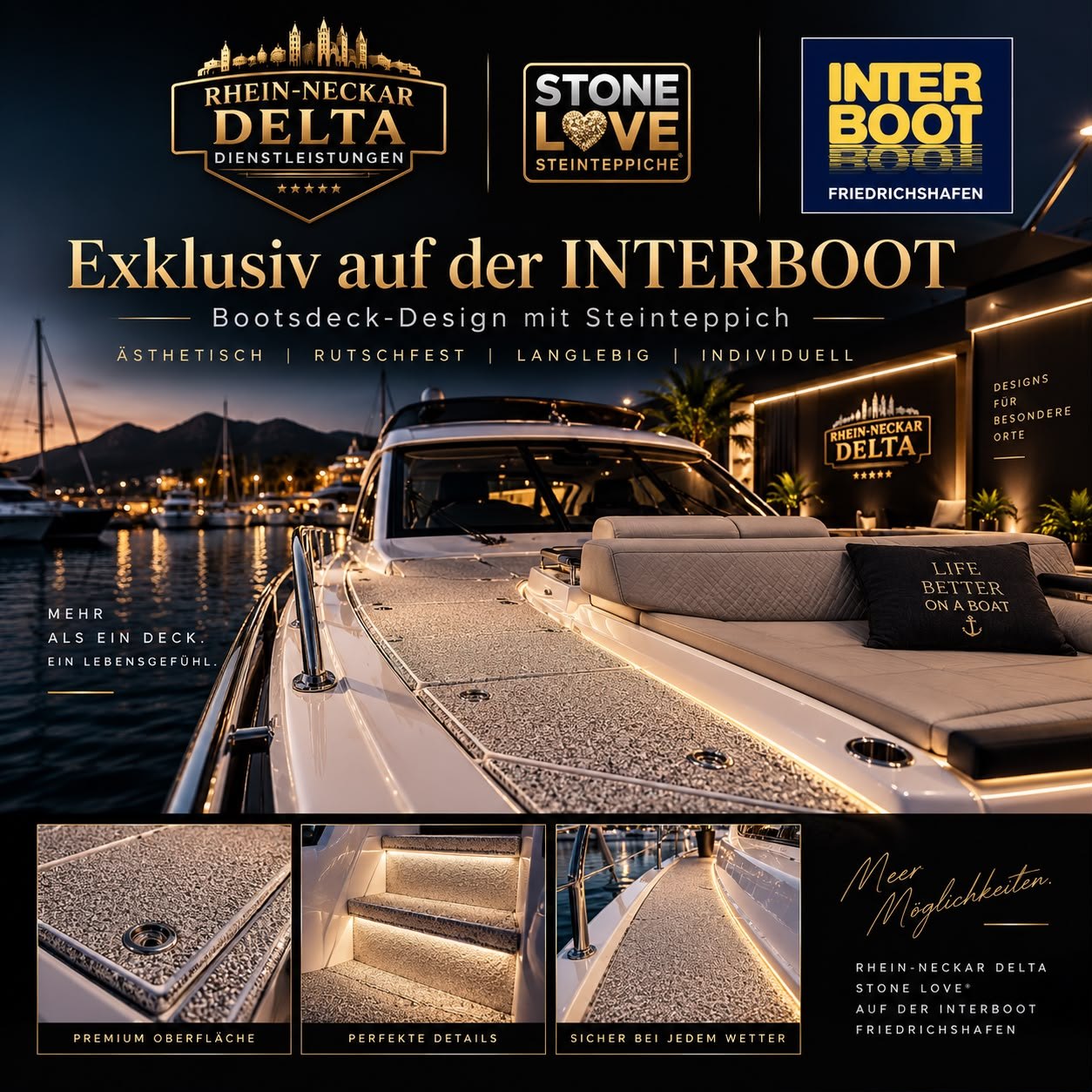 Boat deck design with seamless stone carpet – STONE LOVE® exclusively at INTERBOOT Friedrichshafen